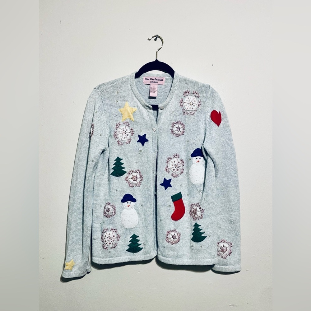 Star Blue Originals Pastel Blue Snowman Christmas Sweater Cardigan Crochet‎ Knit
